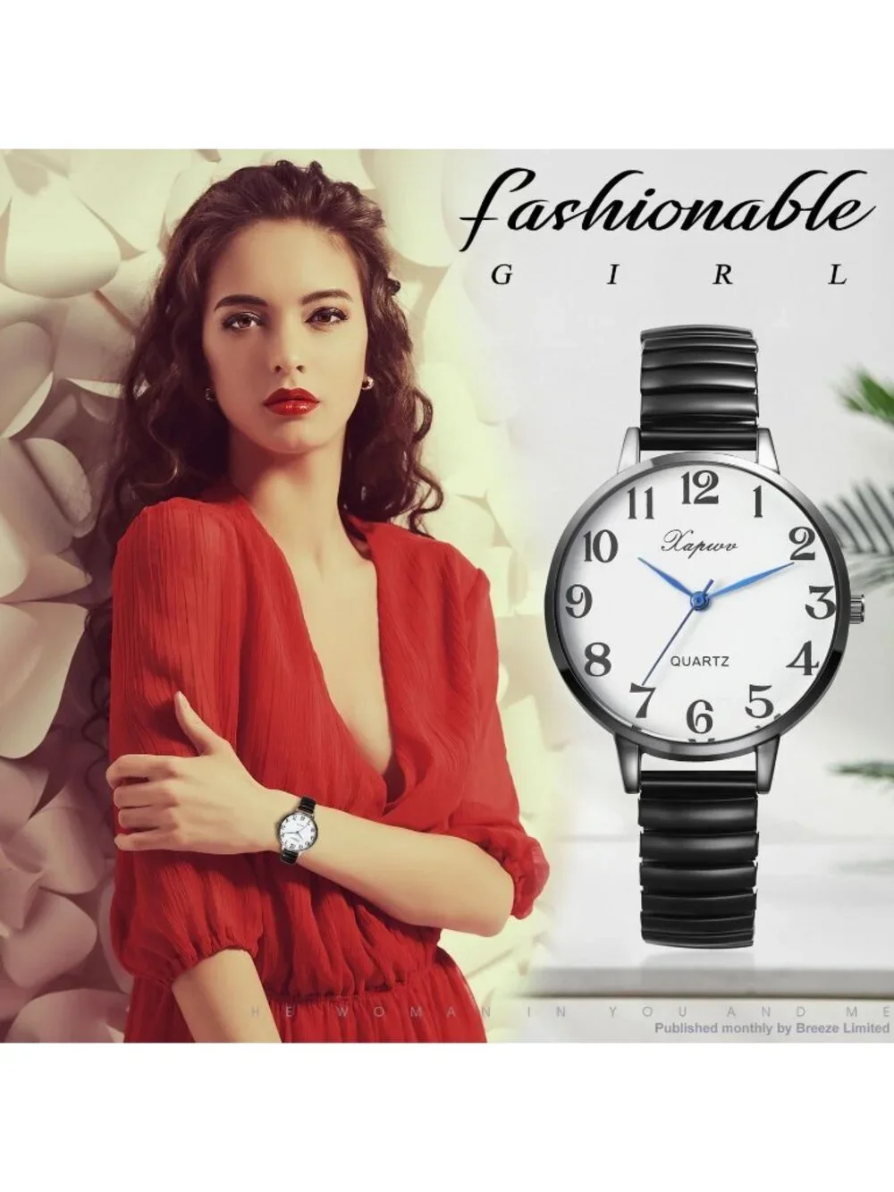 Women's Black Analog Quartz Small Numbers Easy Reader Stretch Band Wrist Watch